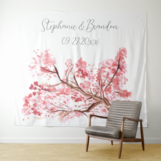 Pink Cherry Blossom Floral Wedding Foto Stand Wandteppich (Beispiel (Horizontal))
