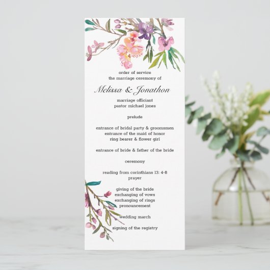 Pink Cherry Blossom Floral Wedding Programm (Stehend Vorderseite)