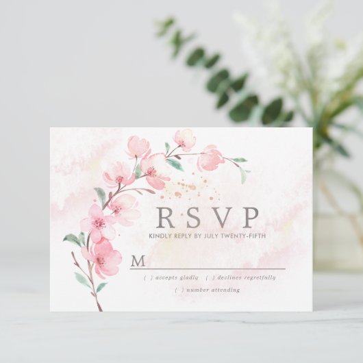 Pink Cherry Blossom Floral Wedding RSVP (Stehend Vorderseite)