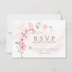 Pink Cherry Blossom Floral Wedding RSVP Karte