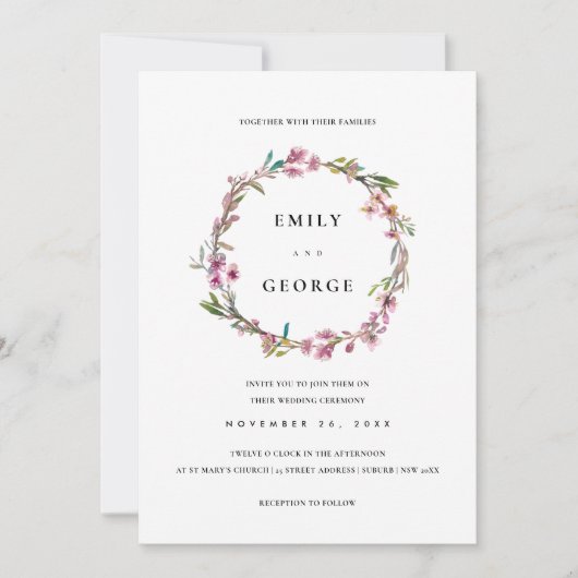 PINK CHERRY BLOSSOM FLORALWREATH WEDING INVITE DANKESKARTE (Vorderseite)