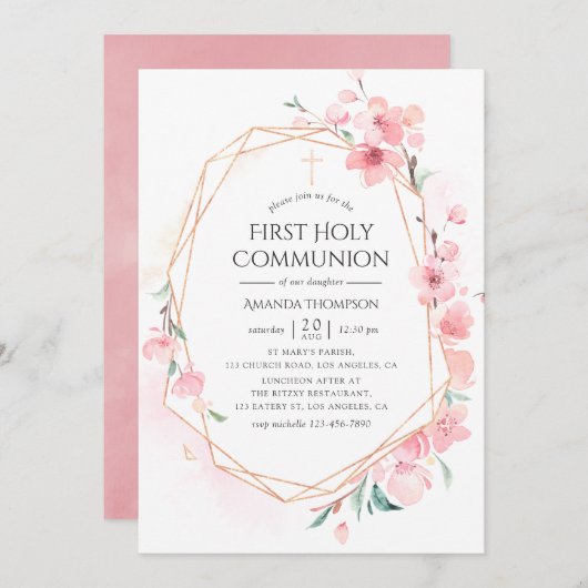 Pink Cherry Blossom Geometric Heilige Kommunion Einladung (Vorne/Hinten)