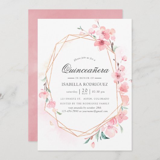 Pink Cherry Blossom Geometric Spring Quinceañera Einladung (Vorne/Hinten)