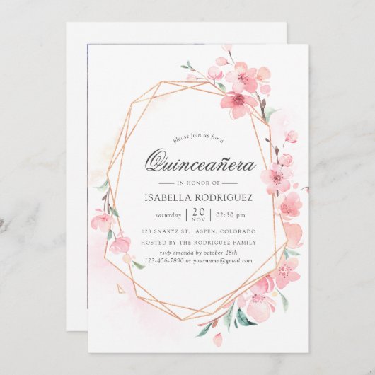 Pink Cherry Blossom Geometric Spring Quinceañera Einladung (Vorne/Hinten)