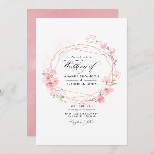 Pink Cherry Blossom Geometric Spring Wedding Foto Einladung (Vorne/Hinten)