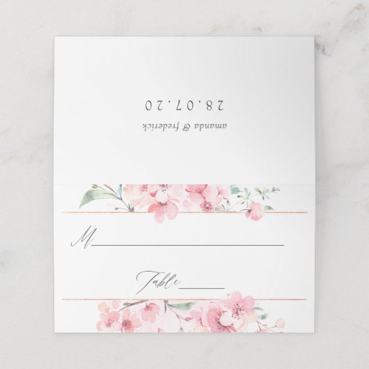 Pink Cherry Blossom Geometric Spring Wedding Platzkarte (Außenseite Aufgefaltet)