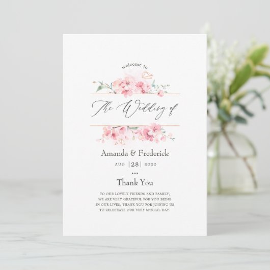 Pink Cherry Blossom Geometric Spring Wedding Programm (Stehend Vorderseite)