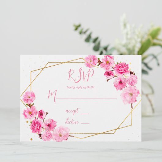 Pink Cherry Blossom Geometric Wedding RSVP Cards Einladung (Stehend Vorderseite)