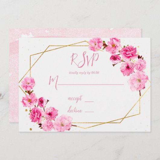Pink Cherry Blossom Geometric Wedding RSVP Cards Einladung (Vorne/Hinten)