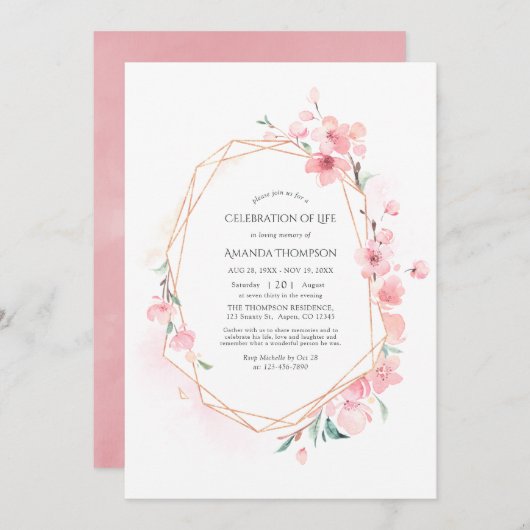 Pink Cherry Blossom Geometrische Feier des Lebens Einladung (Vorne/Hinten)