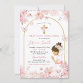 Pink Cherry Blossom Girl Kneeling Erste Kommune Einladung (Vorderseite)