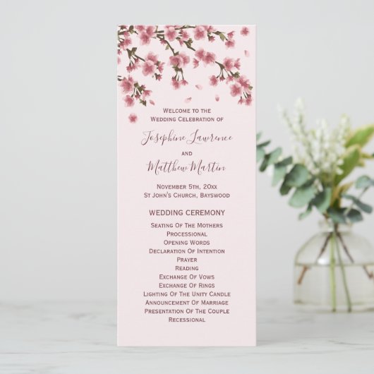 Pink Cherry Blossom Hochzeit Zeremonie Programm (Stehend Vorderseite)