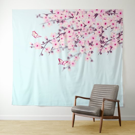 Pink Cherry Blossom Illustrative Landschaft Wandteppich (Beispiel (Horizontal))