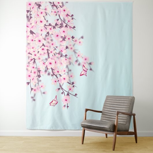 Pink Cherry Blossom Illustrative Landschaft Wandteppich (Beispiel)