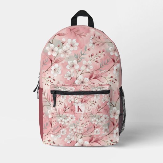 Pink cherry blossom monogram bedruckter rucksack (Vorderseite)