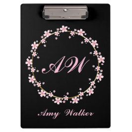 Pink Cherry Blossom Monogram Feminine Floral Wreat Klemmbrett