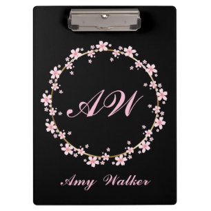 Pink Cherry Blossom Monogram Feminine Floral Wreat Klemmbrett