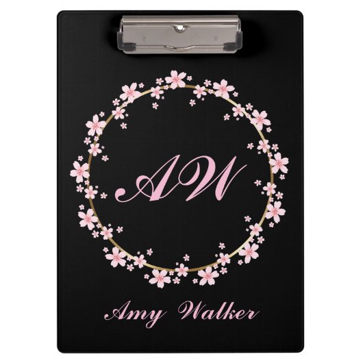 Pink Cherry Blossom Monogram Feminine Floral Wreat Klemmbrett (Vorderseite)