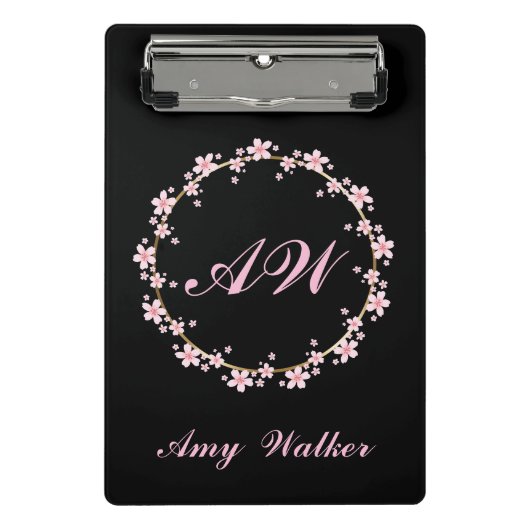 Pink Cherry Blossom Monogram Feminine Floral Wreat Mini Klemmbrett (Vorderseite)
