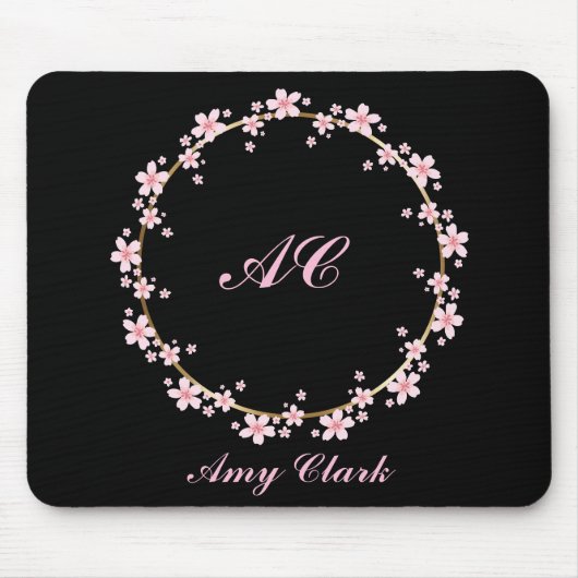 Pink Cherry Blossom Monogram Feminine Floral Wreat Mousepad (Vorne)