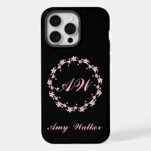 Pink Cherry Blossom Monogram Floral Wreath iPhone 15 Pro Max Hülle