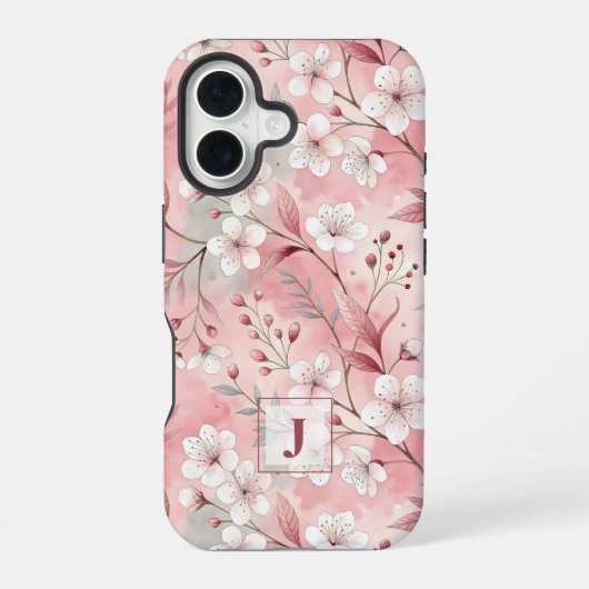 Pink cherry blossom monogram iPhone 16 hülle (Rückseite)
