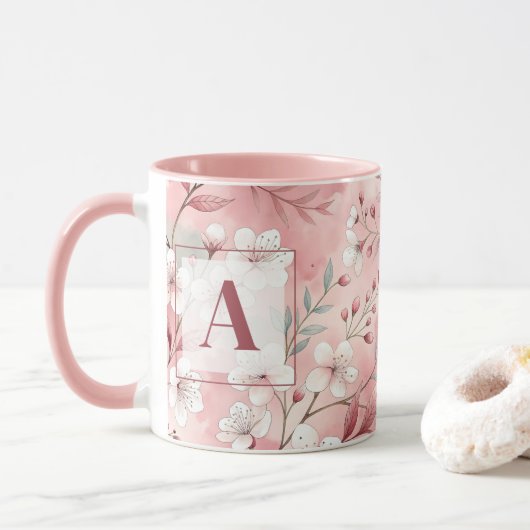Pink cherry blossom monogram tasse (Mit Donut)