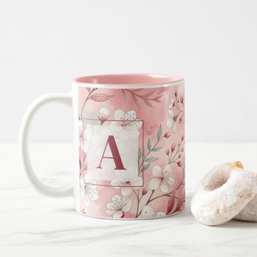 Pink cherry blossom monogram zweifarbige tasse (Mit Donut)