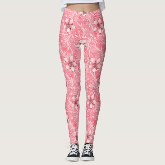 Pink Cherry Blossom Muster Leggings (Vorderseite)