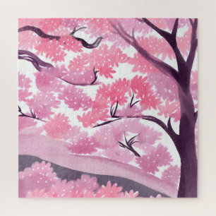 Pink Cherry Blossom Natur Wasserfarbe Puzzle