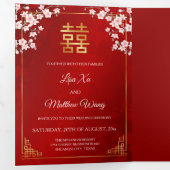 Pink Cherry Blossom Red | Photo Chinese Wedding Dreifach Gefaltete Einladung (Innen Erste Seite)