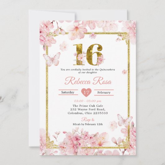 Pink Cherry Blossom Sakura Gold Quinceñera Einladung (Vorderseite)