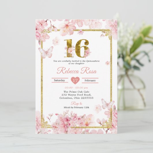 Pink Cherry Blossom Sakura Gold Quinceñera Einladung (Stehend Vorderseite)