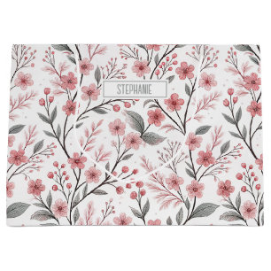 Pink Cherry Blossom Sakura Muster auf Weiß (1) Große Geschenktüte