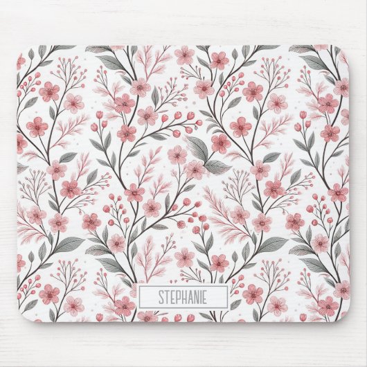 Pink Cherry Blossom Sakura Muster auf Weiß (1) Mousepad (Vorne)