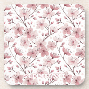 Pink Cherry Blossom Sakura Muster auf Weiß (2) Getränkeuntersetzer
