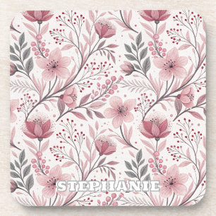 Pink Cherry Blossom Sakura Muster auf Weiß (3) Getränkeuntersetzer