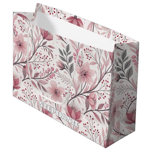 Pink Cherry Blossom Sakura Muster auf Weiß (3) Große Geschenktüte (Vorderseite Schrägansicht)