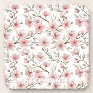 Pink Cherry Blossom Sakura Muster auf Weiß (5) Getränkeuntersetzer