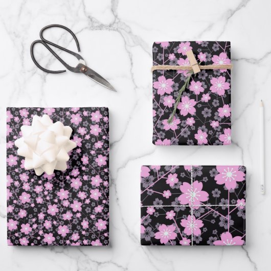 Pink Cherry Blossom Sakura Orientales Blumenmuster Geschenkpapier Set (Vorderseite)