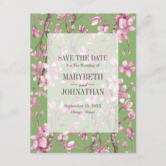 Pink Cherry Blossom Save the Date Einladungspostkarte (Vorderseite)