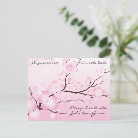 Pink Cherry Blossom Save the Date Postkarten (Stehend Vorderseite)
