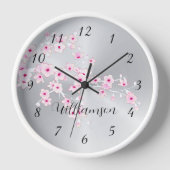 Pink Cherry Blossom Silver Foil Monogramm Uhr (Vorderseite)
