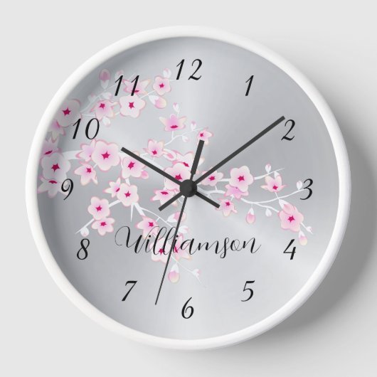 Pink Cherry Blossom Silver Foil Monogramm Uhr (Vorderseite)