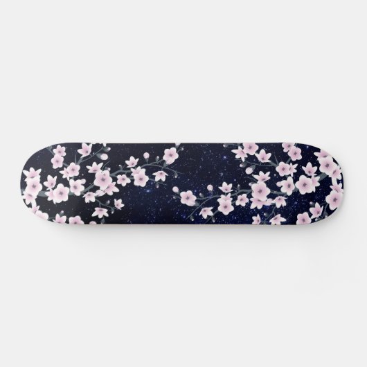 Pink Cherry Blossom Starry Night Sky Skateboard (Horizontal)