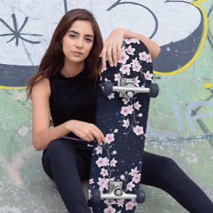 Pink Cherry Blossom Starry Night Sky Skateboard