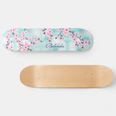 Pink Cherry Blossom Türkis Bokeh Monogram Girly Skateboard (Horizontal)