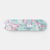 Pink Cherry Blossom Türkis Bokeh Monogram Girly Skateboard (Horizontal)