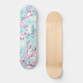 Pink Cherry Blossom Türkis Bokeh Monogram Girly Skateboard (Vorderseite)