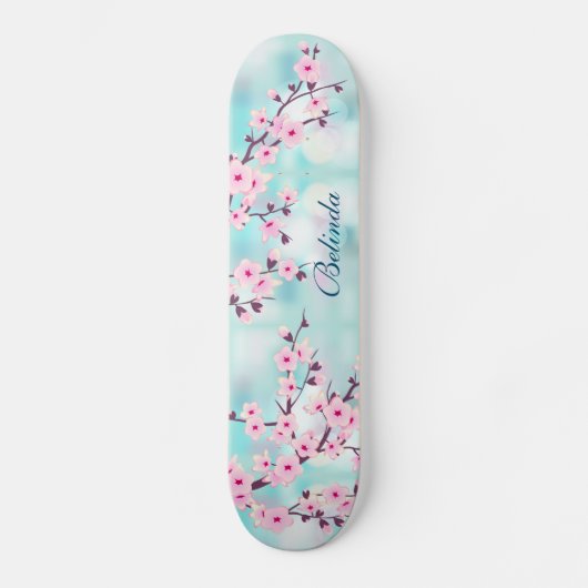 Pink Cherry Blossom Türkis Bokeh Monogram Girly Skateboard (Vorderseite)